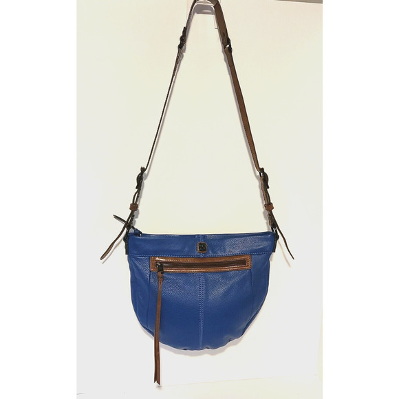 Elliott Lucca Handbags - ELLIOTT LUCCA BLUE BROWN LEATHER SHOULDER CROSSBODY BAG PURSE TAB PULL